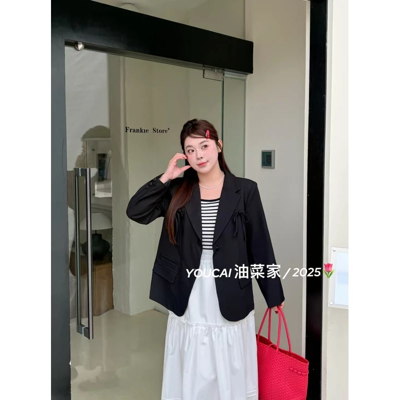 女单排扣中长款蝴蝶结直筒型西装显瘦百搭西服宽松休闲(Y3233）