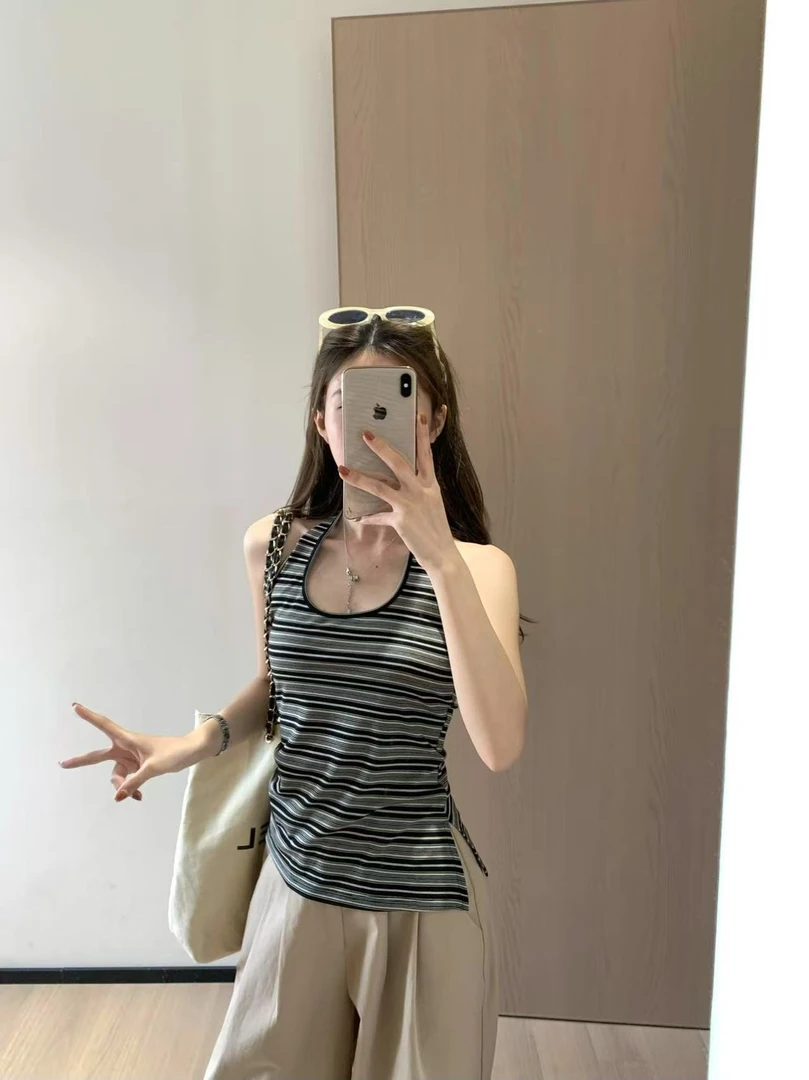 韩11无胸垫韩系高级灰条纹夏季U领显瘦小吊带背心87671