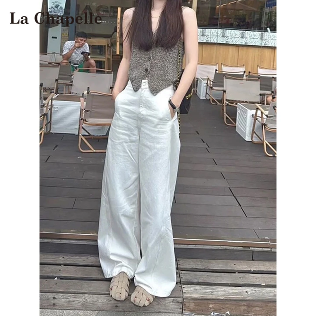 拉夏贝尔百分百亚麻阔腿裤女夏季薄款白色冰丝速干凉感弯刀休闲裤