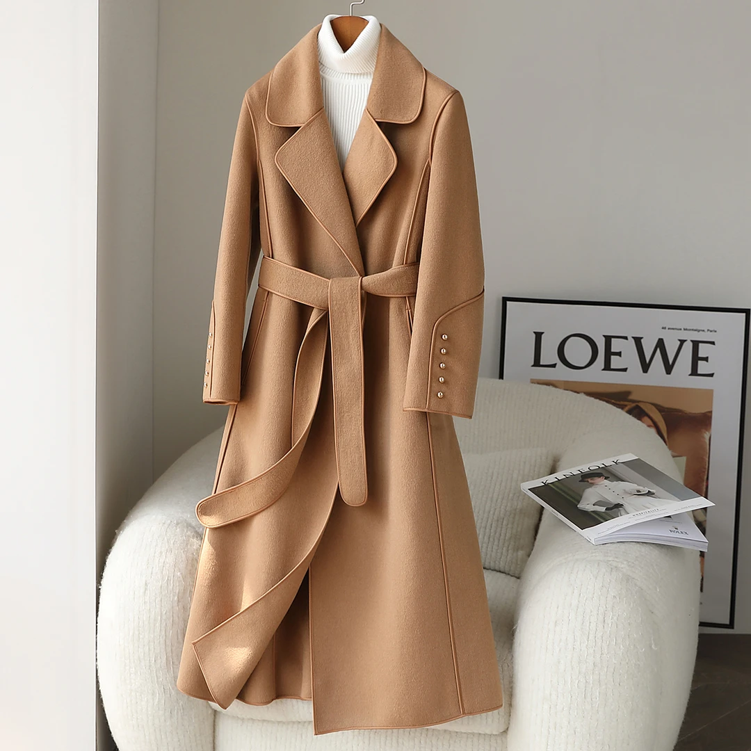 驼色双面羊绒大衣女中长款2025新款高端赫本风羊毛毛呢外套081-1