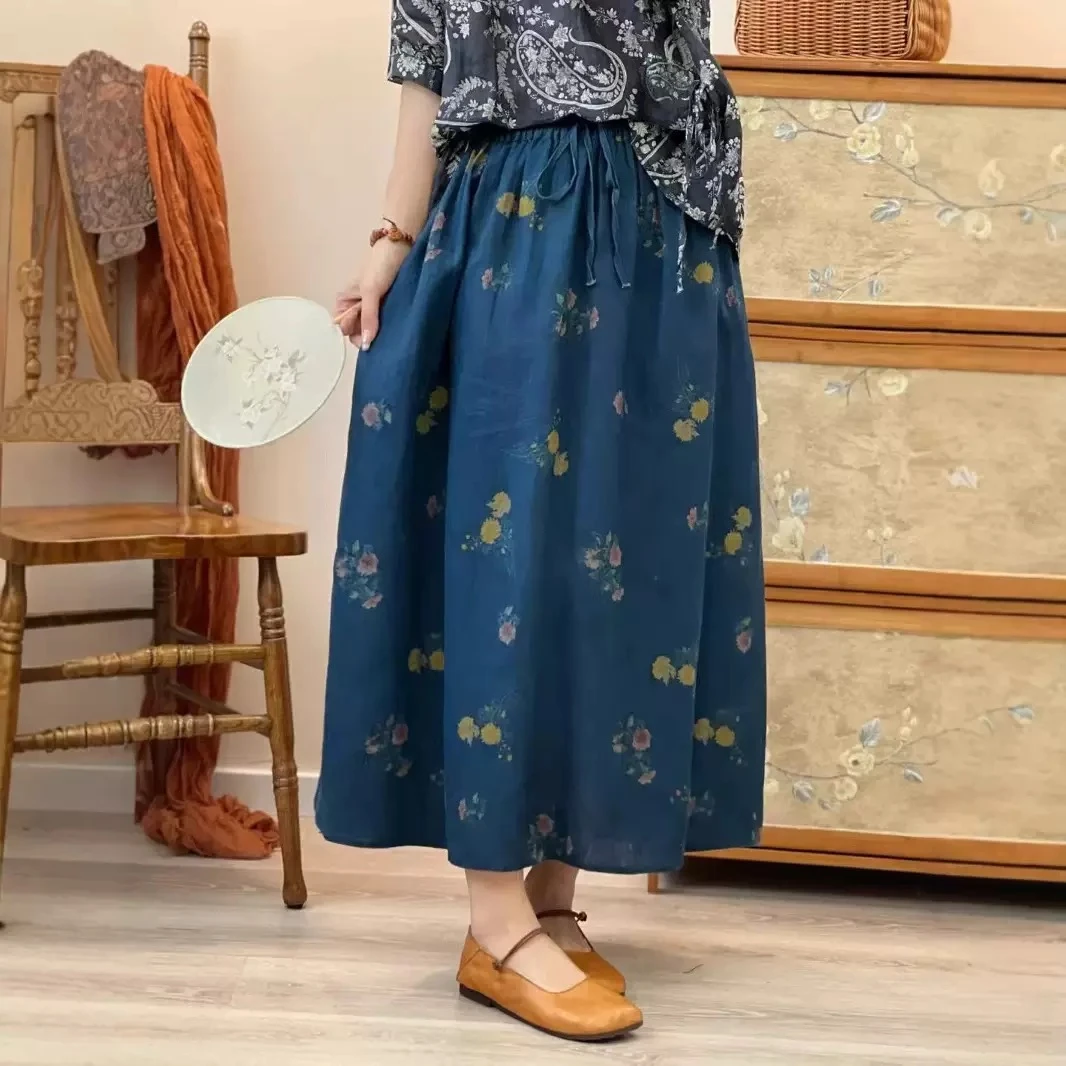 复古亚麻印花包边松紧腰系带半身裙女夏文艺大码显瘦休闲半裙