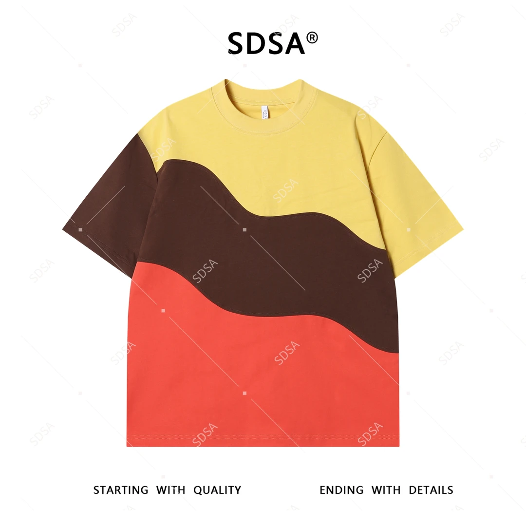 夏季高级感新款男士简约不规则拼接撞色设计短袖T恤百搭圆领上衣