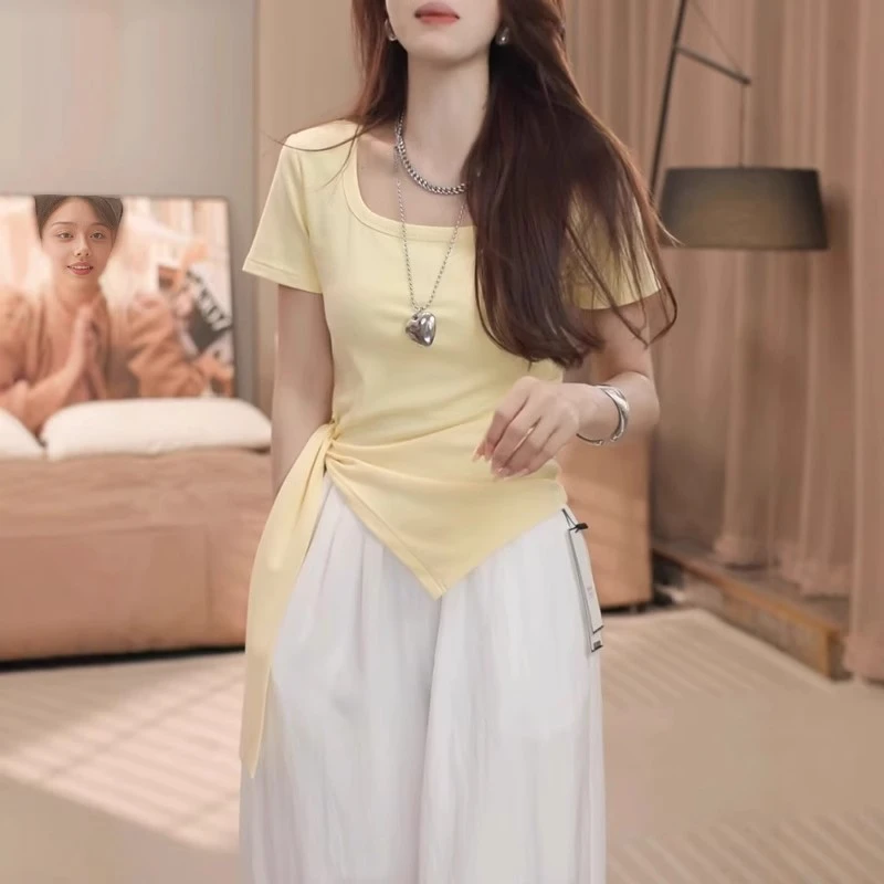 方领不规则绑带掐腰短袖T恤女夏季胖MM大码女装时尚修身显瘦上衣