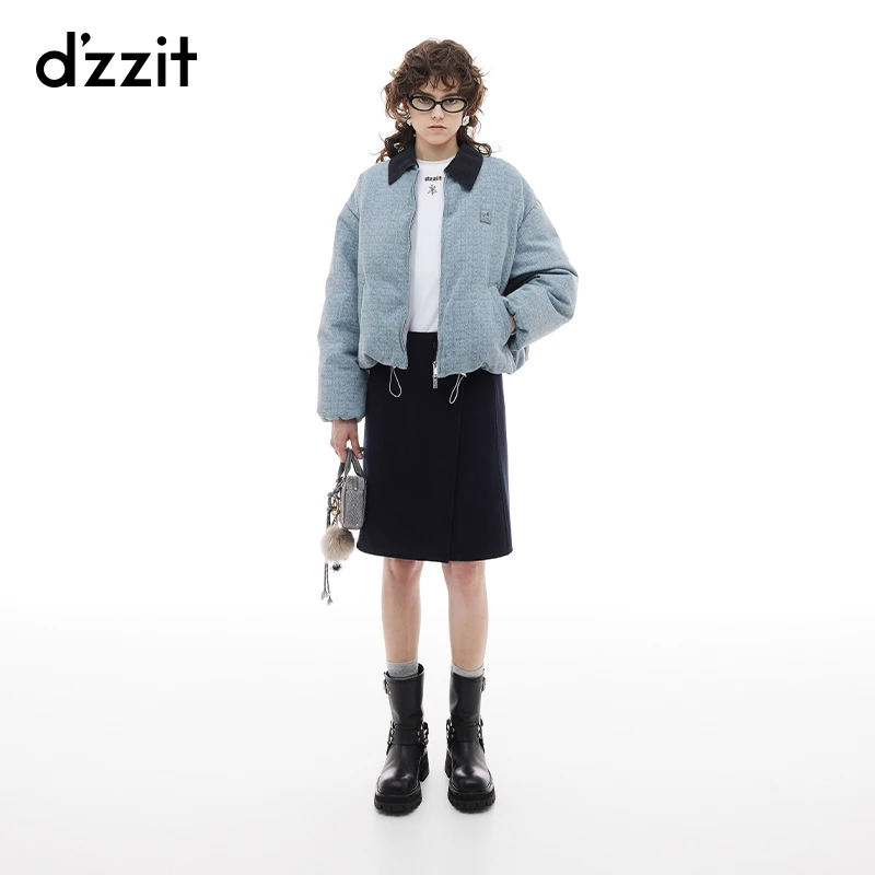 dzzit地素羽绒服冬季复古拼接翻领满印印花牛仔外套女3I4K2246L