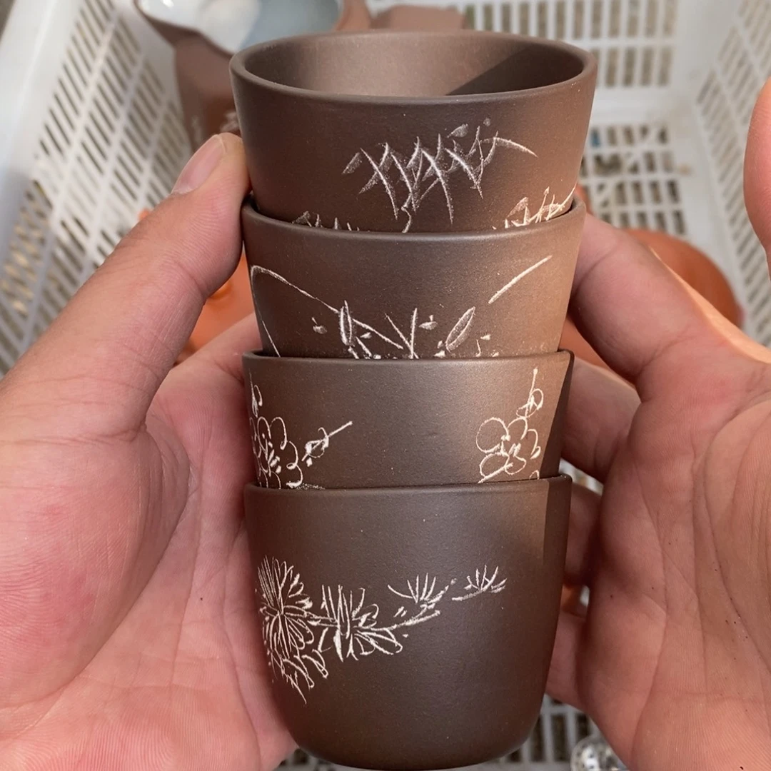 茶壶紫砂老紫泥梅兰竹菊杯80–100cc