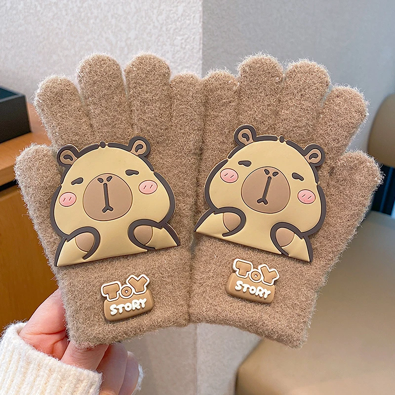 儿童秋冬卡皮巴拉手套冬季保暖女童分指套防冻御寒加绒加厚五指套