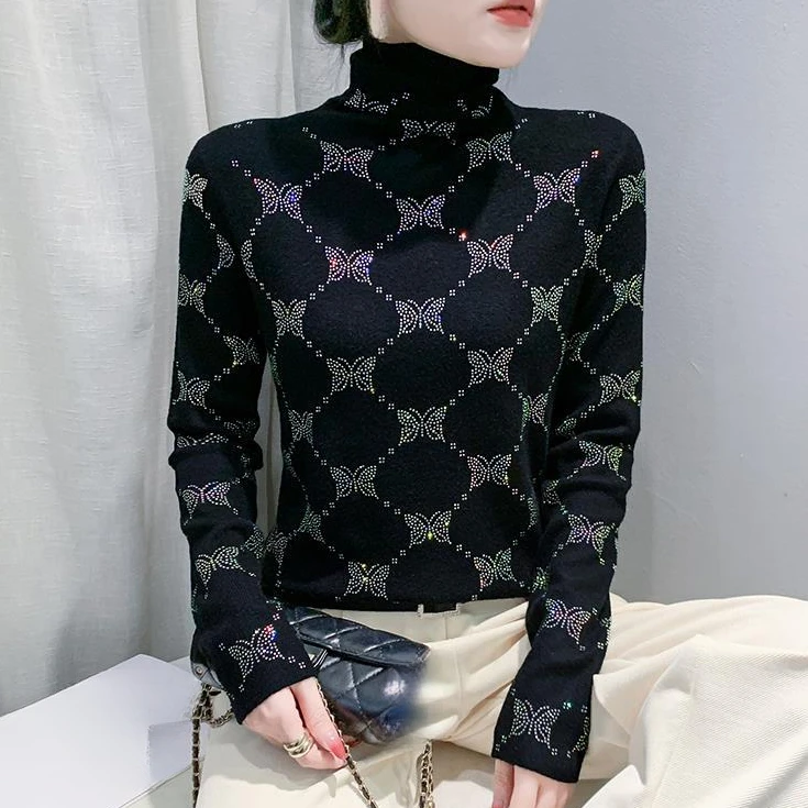 2025秋冬新款重工烫钻打底衫气质修身显瘦长袖毛针织衫衣上衣时尚