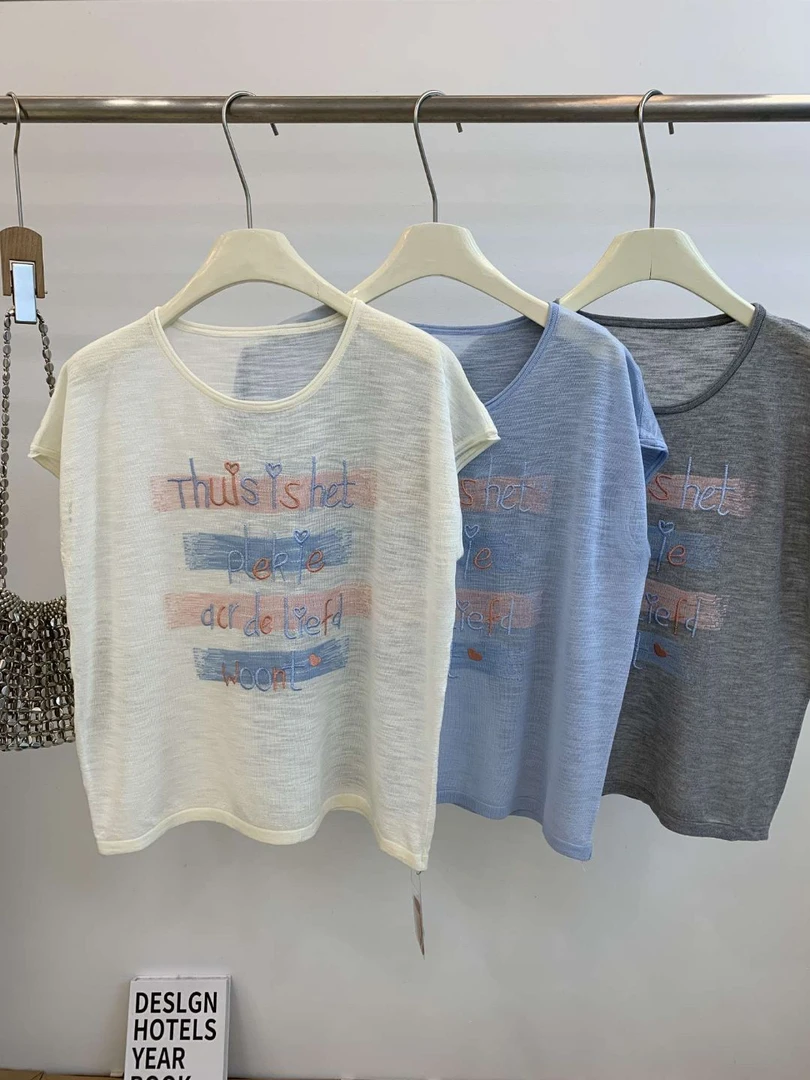 Miss茉莉 韩系圆领字母刺绣短袖T恤女夏百搭宽松织衫温柔风上衣