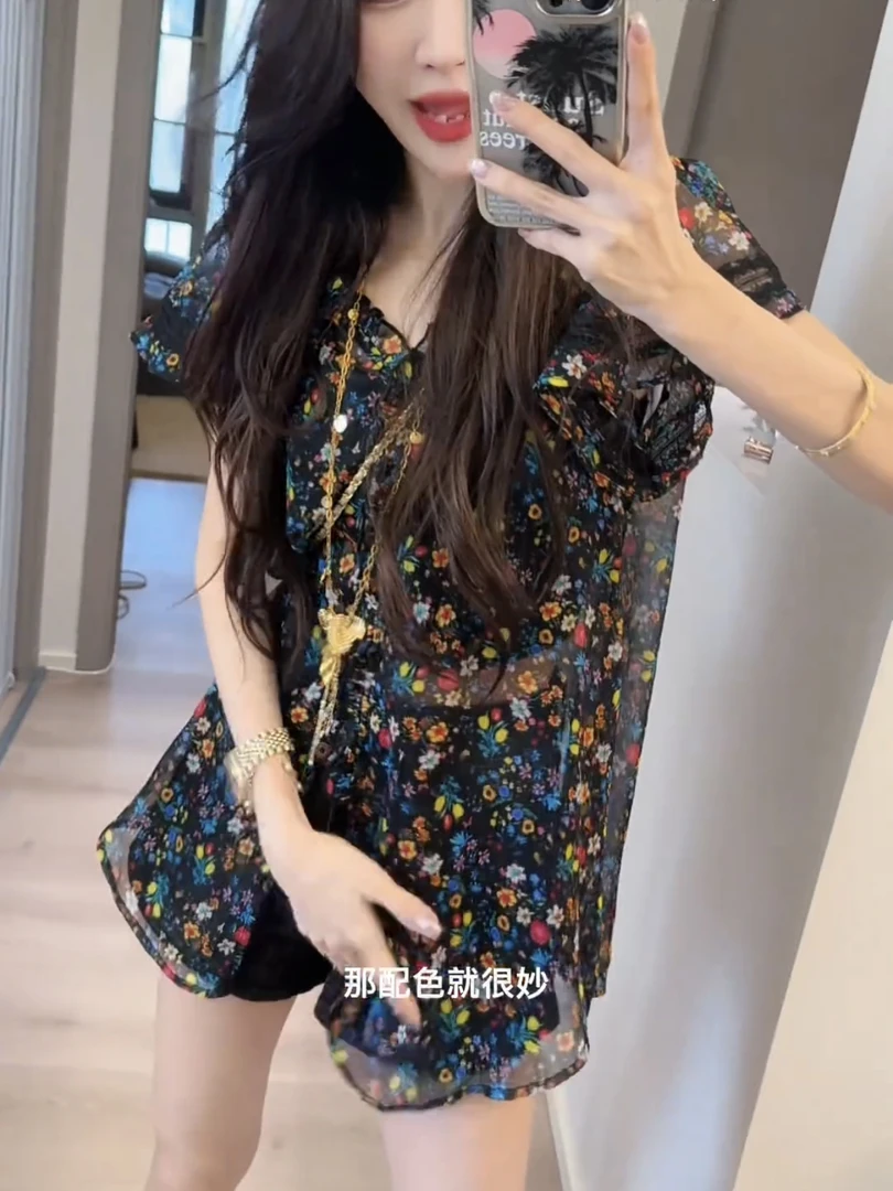 法式碎花衬衫女士2025新款轻奢高级感黑色衬衣独特漂亮气质上衣女