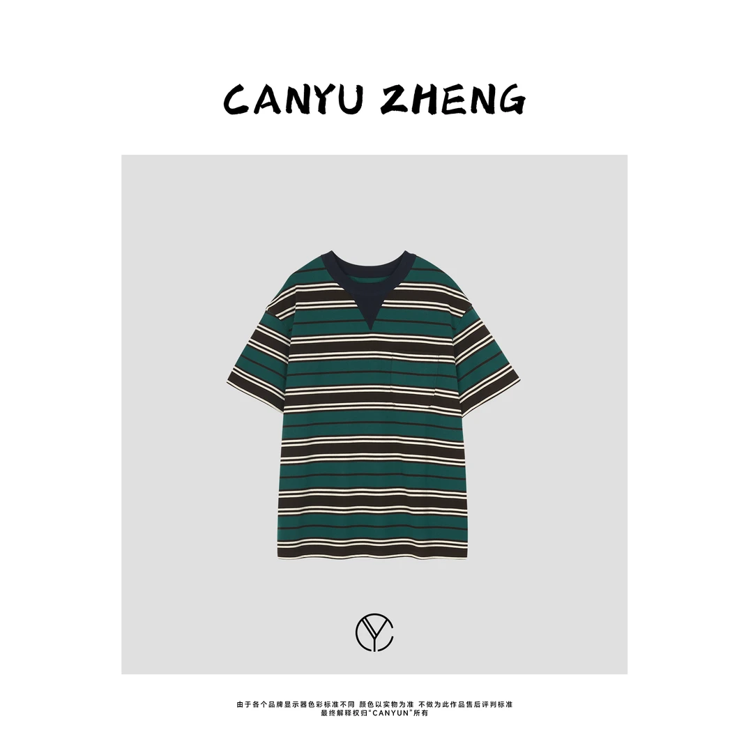 CANYU春夏 深圳南油新款 100%丝光长绒棉 撞色条纹落肩袖圆领T恤