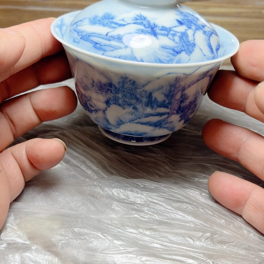 冬*工笔雪景山水两才元宝盖碗