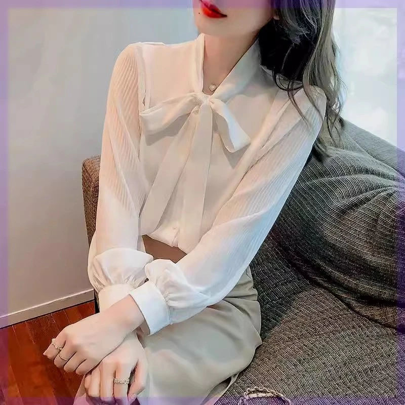 春夏白色洋气长袖雪纺袖衬衫飘带蝴蝶结设计感小众职业气质上衣女