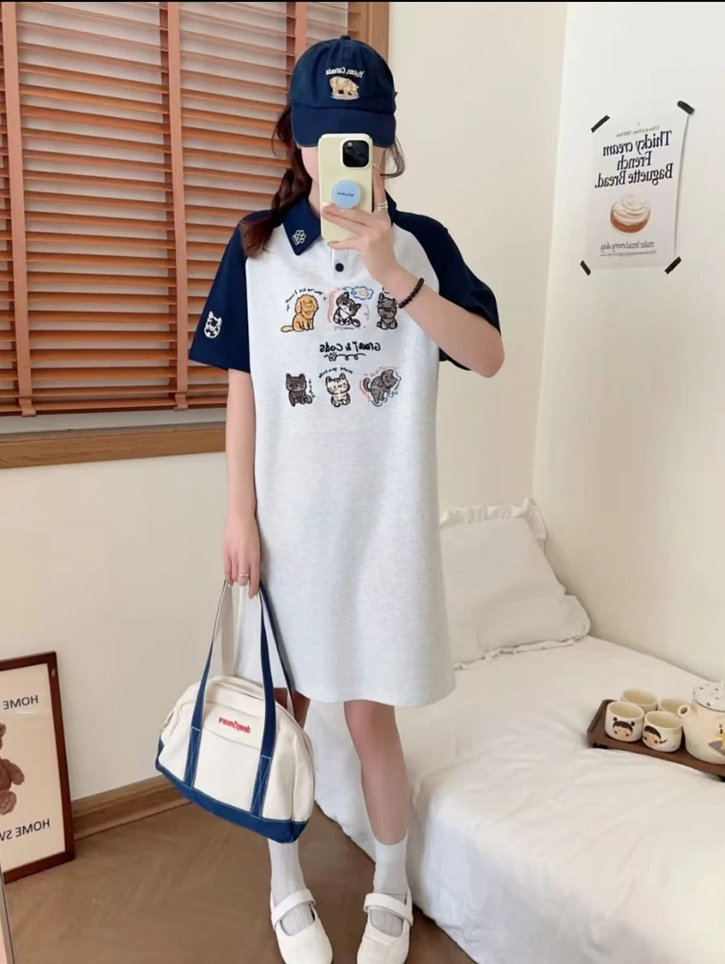 小雅姐姐  减龄六宫格猫狗刺绣插肩撞色休闲连衣裙IS03