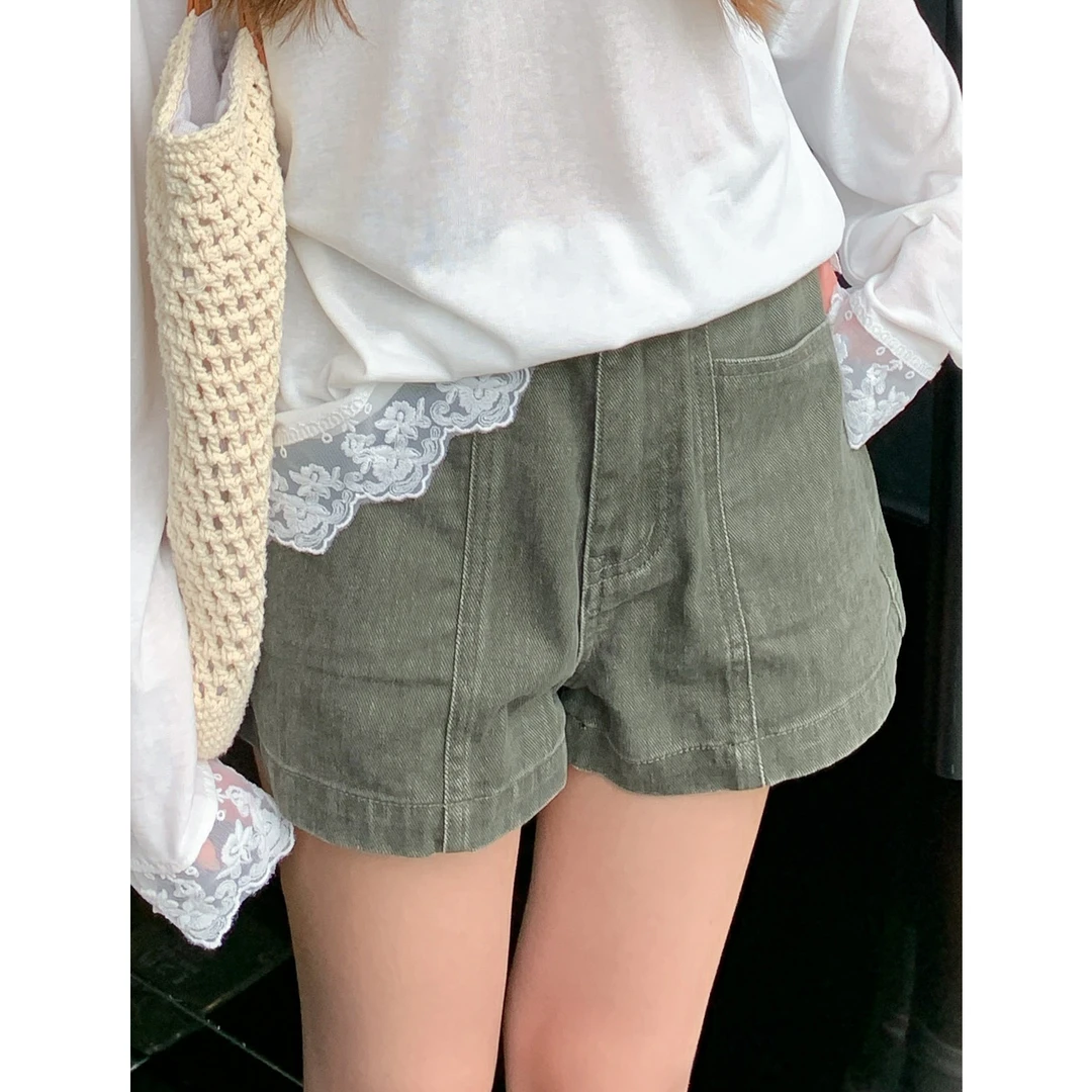 夏季做旧高腰a字休闲短裤女显瘦百搭外穿韩版设计感直筒裤