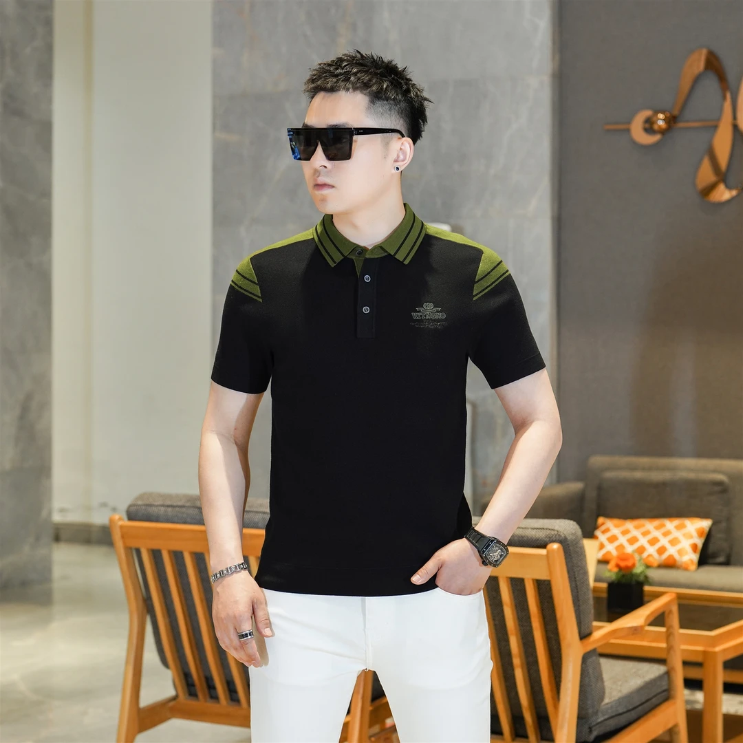 2025秋季厚款高级感时尚休闲撞色翻领POLO衫修身半袖毛衣男GL7809