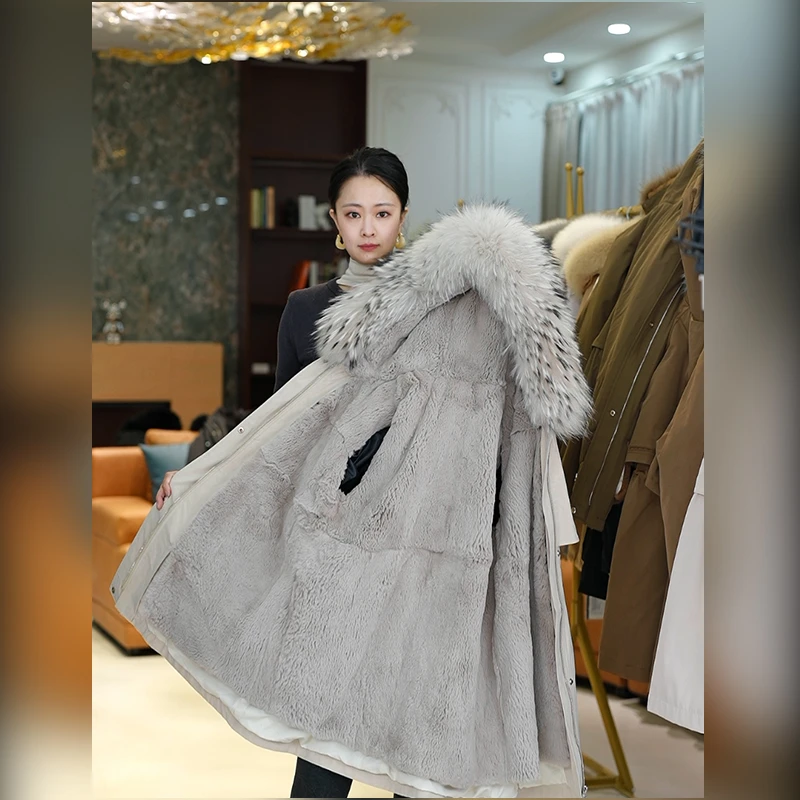 2515【兔毛内胆+貉子毛领】真毛女士时尚休闲连帽冬派克服