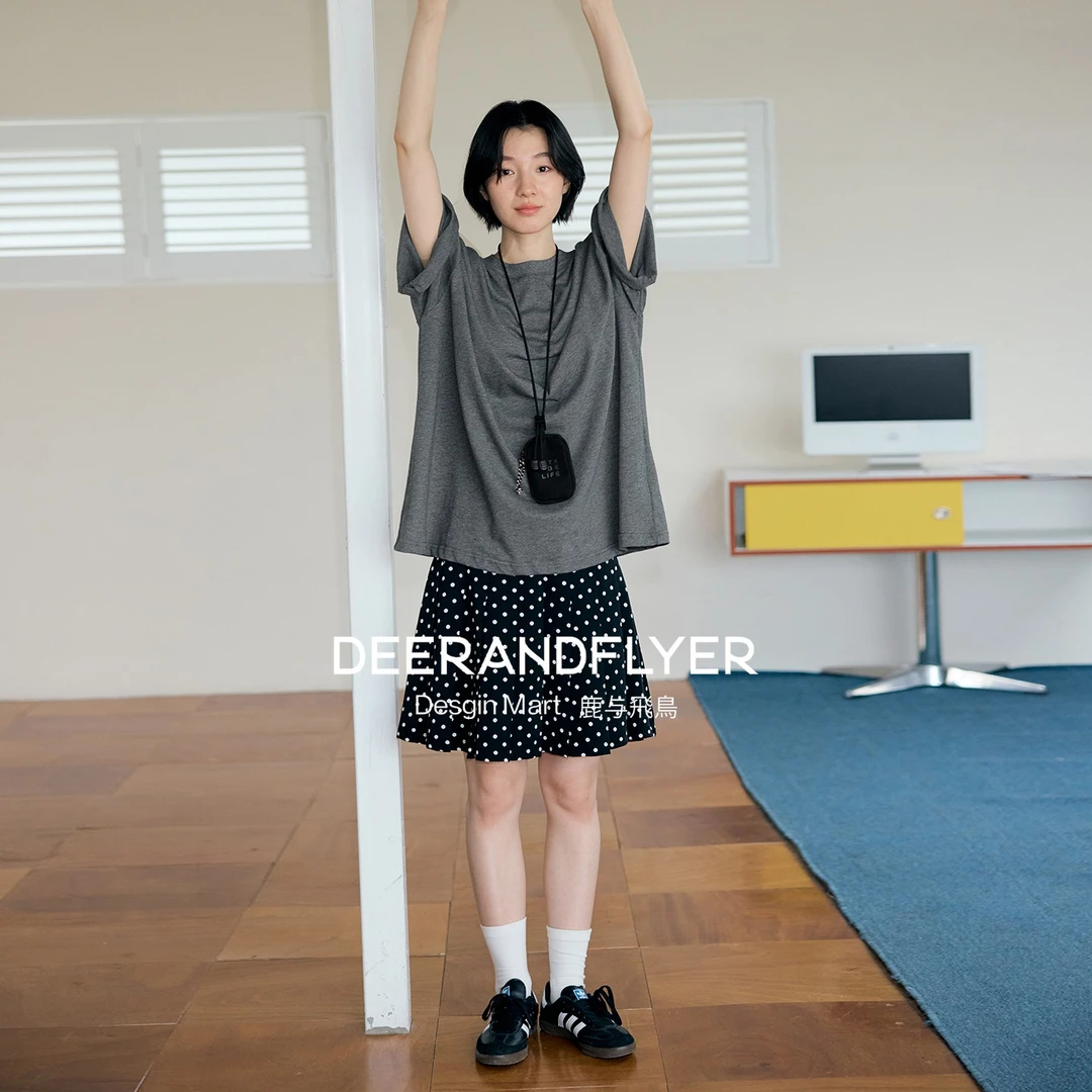 鹿与飞鸟“奥利圆点”亲肤垂感防走光里衬小A摆波点百褶短裙6845