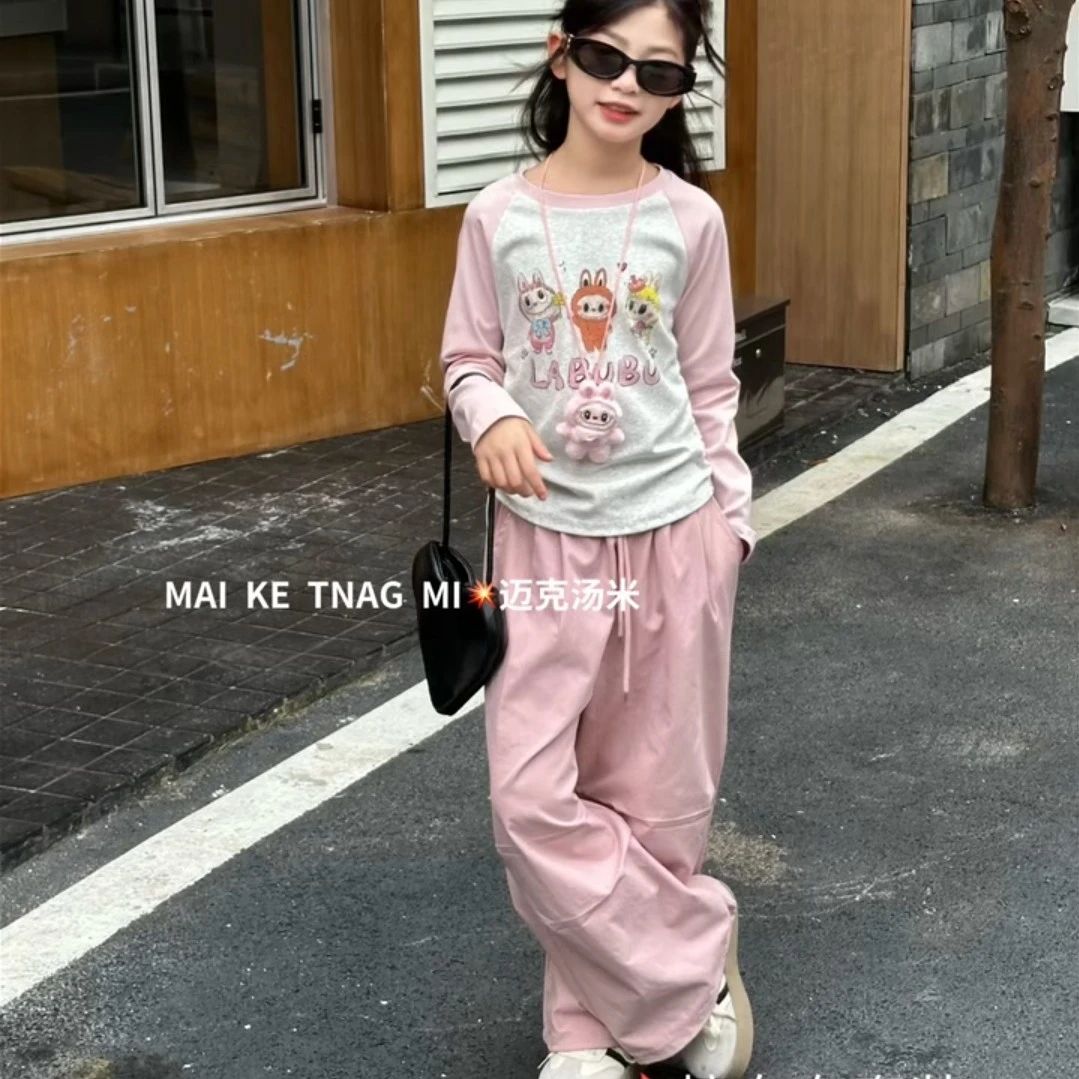套头卡通风秋装女童三件套休闲常规套装辣妹T＋工装裤日常穿搭