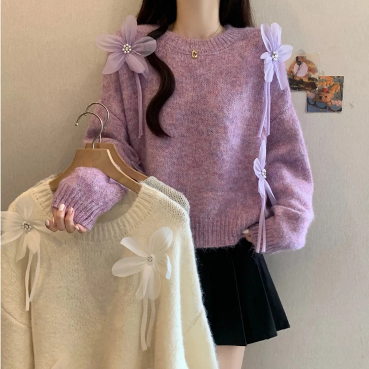 新款时尚洋气百搭女装法式温柔风重工钉珠花朵圆领毛衣女秋冬巨好