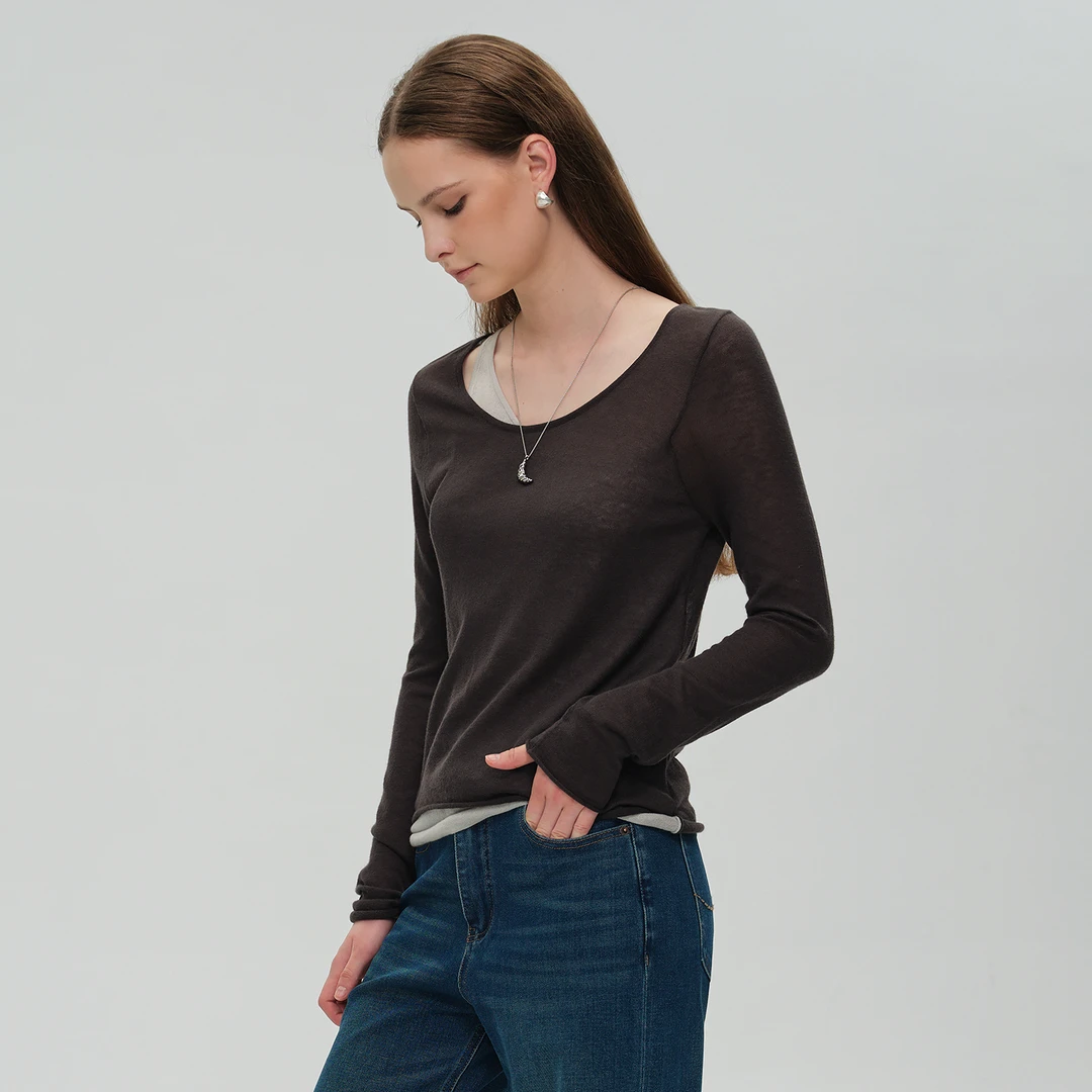 DNCY丨 0压感柔雾衫 羊毛假两件长袖上衣女秋设计感不对称针织衫