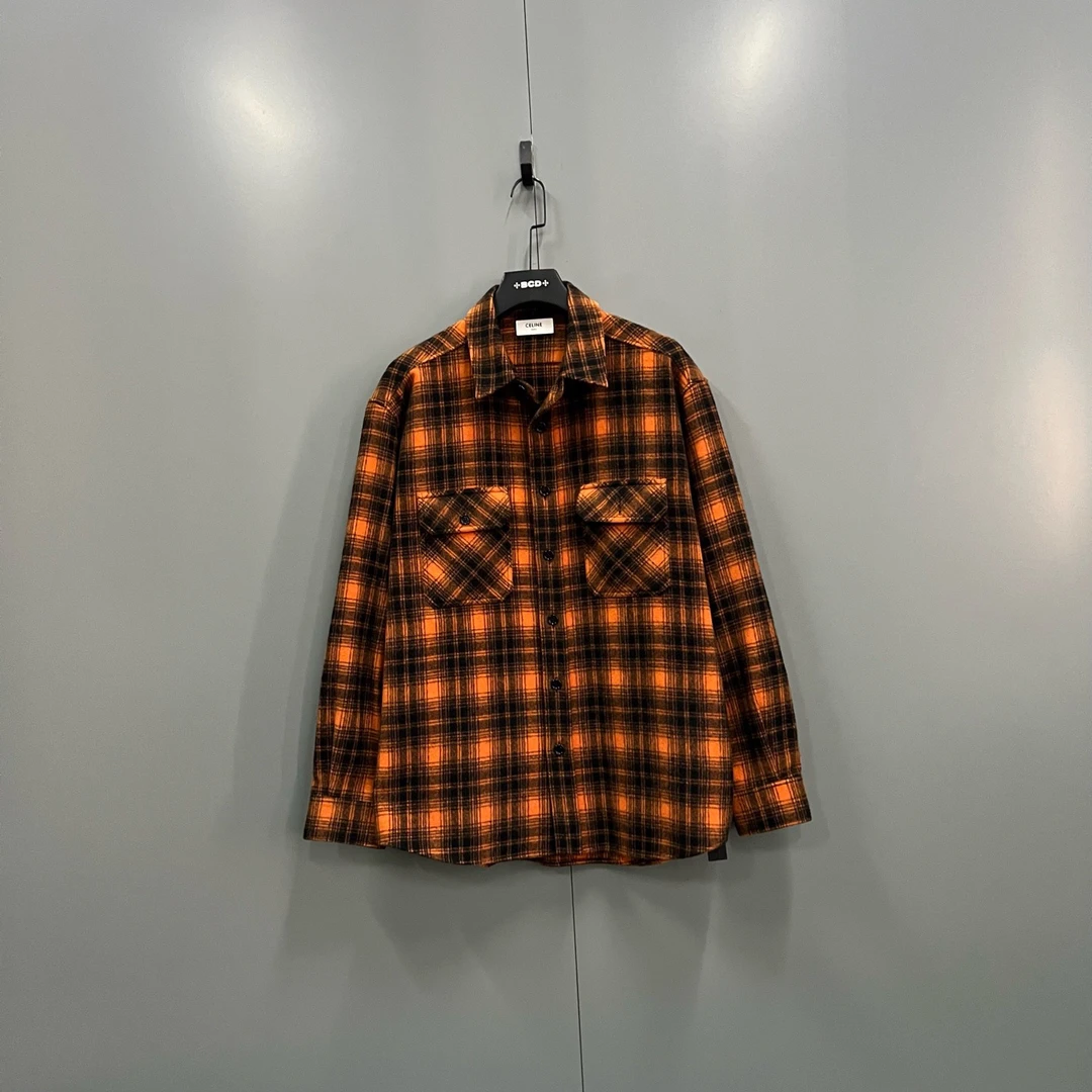 99新 Celine/思琳 (ll) 格纹翻领衬衫 40码/207674