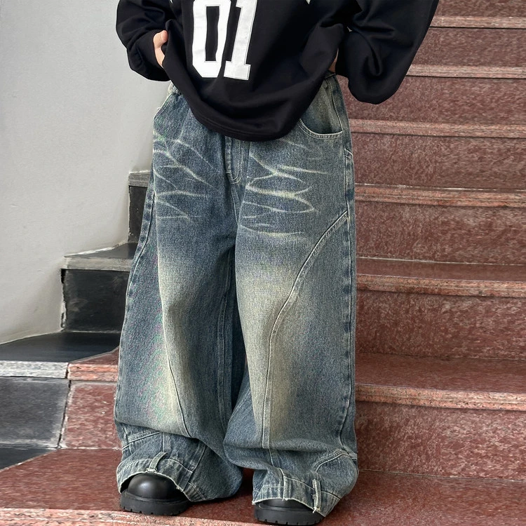 K5701 涵芽HY25322儿童新款微喇宽松蓝色抓痕牛仔长裤