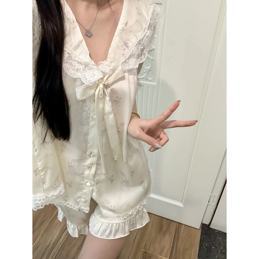 温柔甜美风碎花兔子蕾丝边冰丝短袖睡衣女夏季舒适新款套装家居服