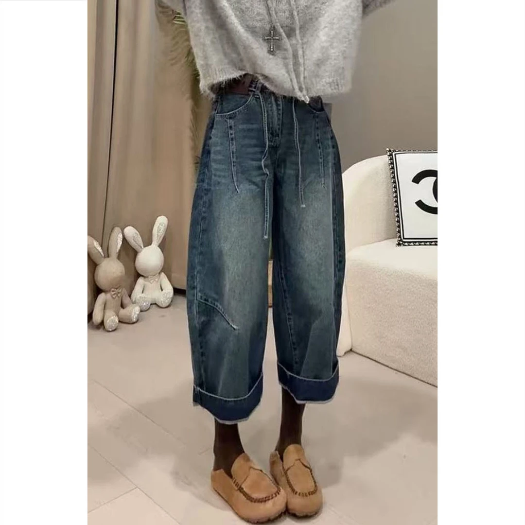 艾塔莉秋季新款嘻哈风高腰磨白卷边牛仔裤小个子九分裤阔腿老爹裤