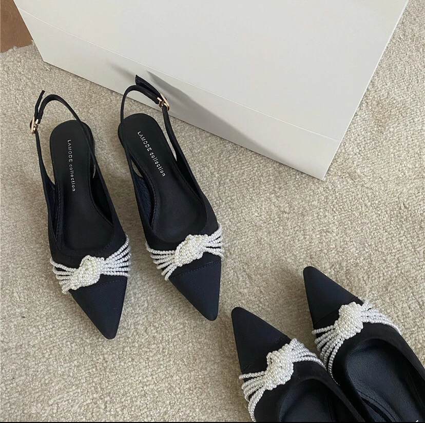 LM福秒（9XZL166-22#）小香风 串珠尖头平底后空单鞋9-711