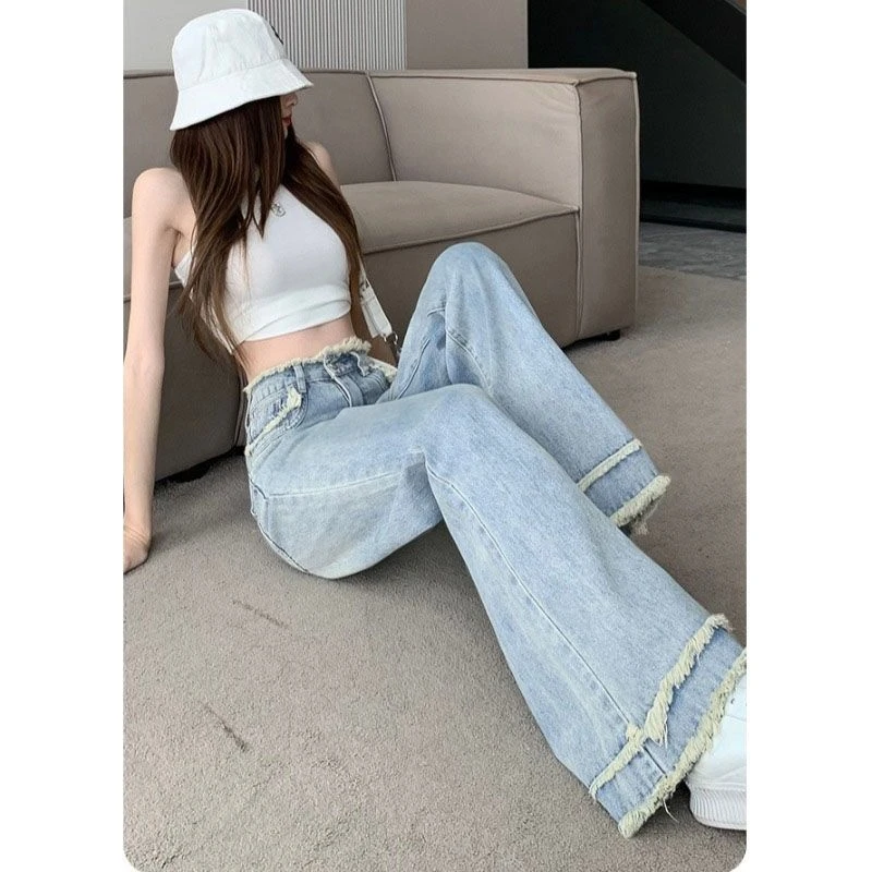 浅蓝色辣妹毛边高档直筒牛仔裤美式高腰外穿宽松拖地阔腿裤女装潮