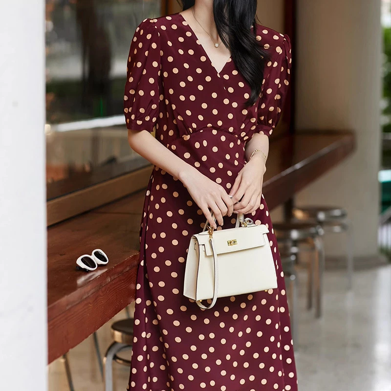 波点真丝茶歇裙 双绉桑蚕丝V领连衣裙短袖高腰中长款裙子夏季女装