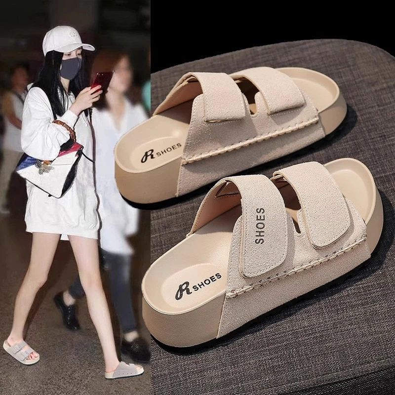 2025夏季新款网红魔术贴拖鞋女外穿丑萌一字凉拖厚底增高防滑休闲