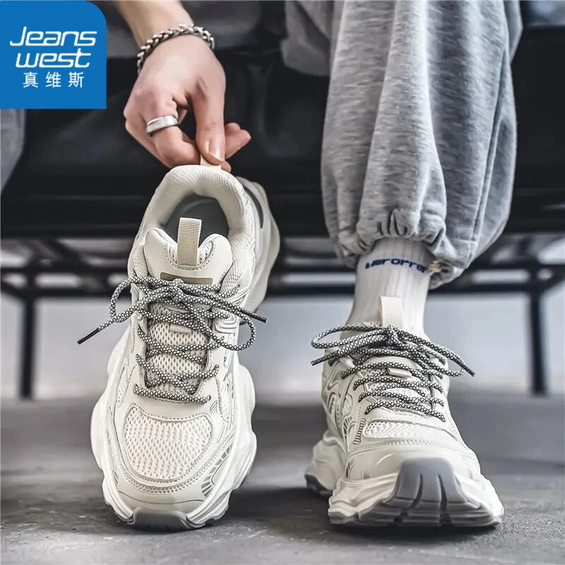Jeanswest/真维斯男鞋春季高级增高港风老爹鞋厚底休闲网面运动鞋