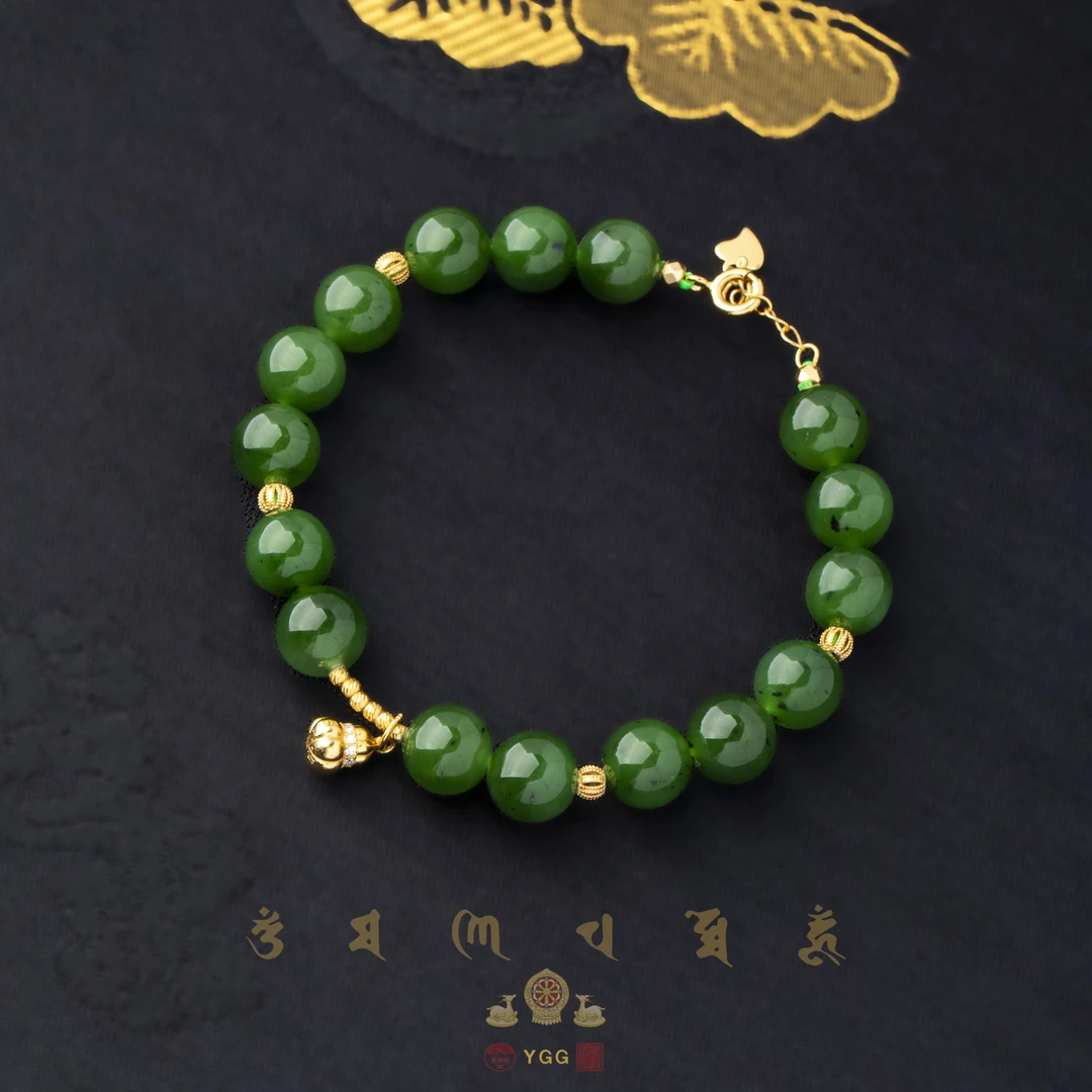 员格格TXHZ10/和田玉碧玉圆珠S925银手链/葫芦瓜