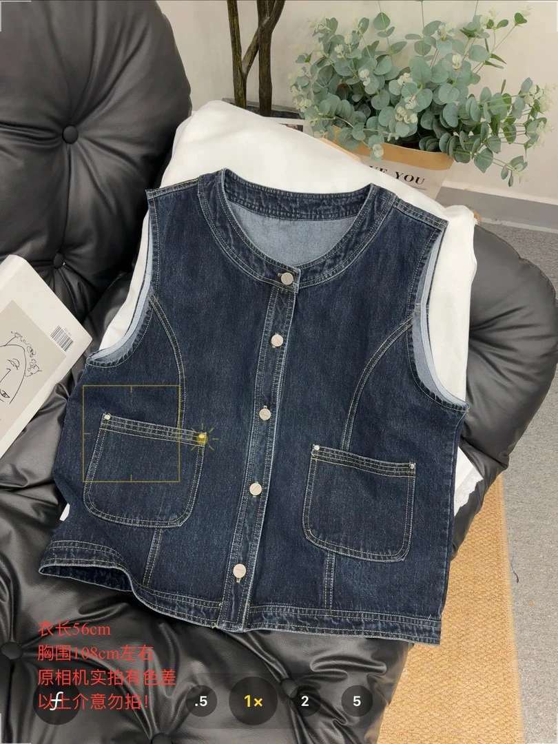 【七安倩】圆领单排扣牛仔马甲343