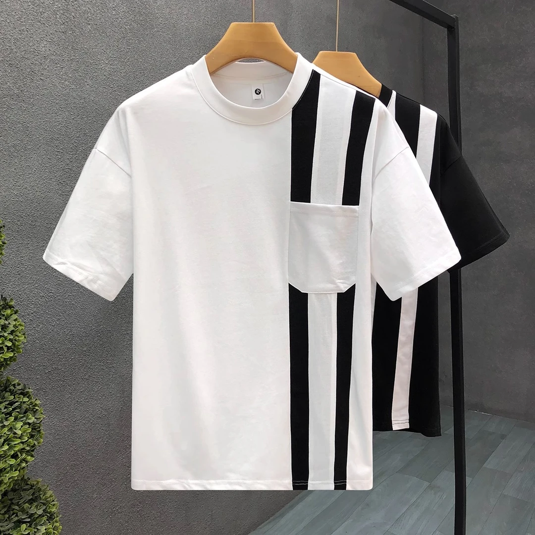 高端轻奢潮牌个性休闲短袖t恤痞帅拼色衣服2025夏季新款男士体恤