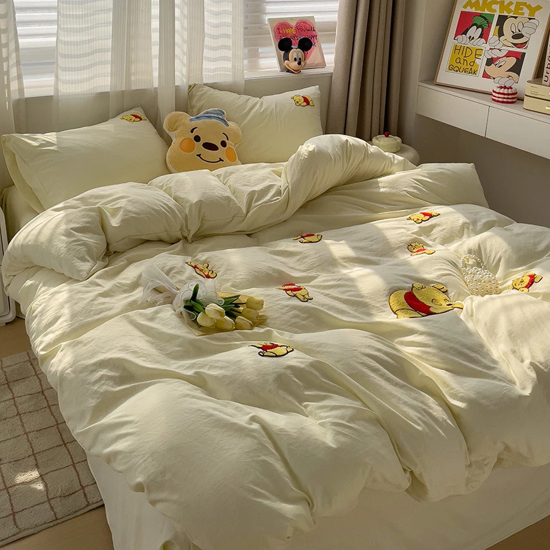 温柔ins纯色可爱米奇毛巾绣水洗棉四件套床单简约被套宿舍三件套