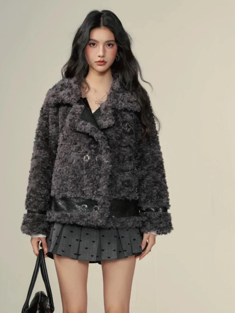 3678  新款休闲拼接毛绒外套气质宽松