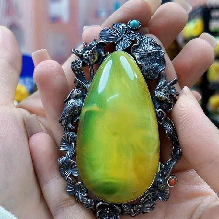 琥珀银S925镶嵌戒指吊坠