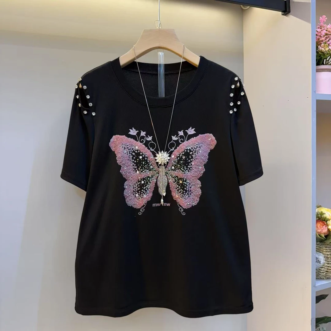 2025时尚夏新款设计感钉钻漏肩印图蝴蝶洋气显瘦短袖女人衫