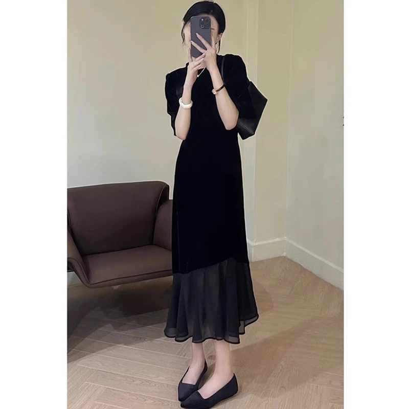 法式赫本风时尚高级感小黑裙拼接气质连衣裙女夏季温柔系显瘦长裙