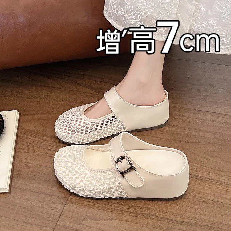 内增高7cm镂空包头半拖鞋女夏季外穿2025款一脚蹬网面透气凉拖鞋