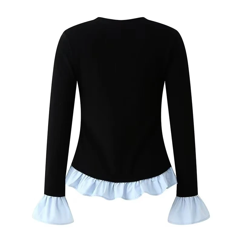 春秋季款法式复古撞色花边大V领格纹衬衫慵懒休闲减龄上衣