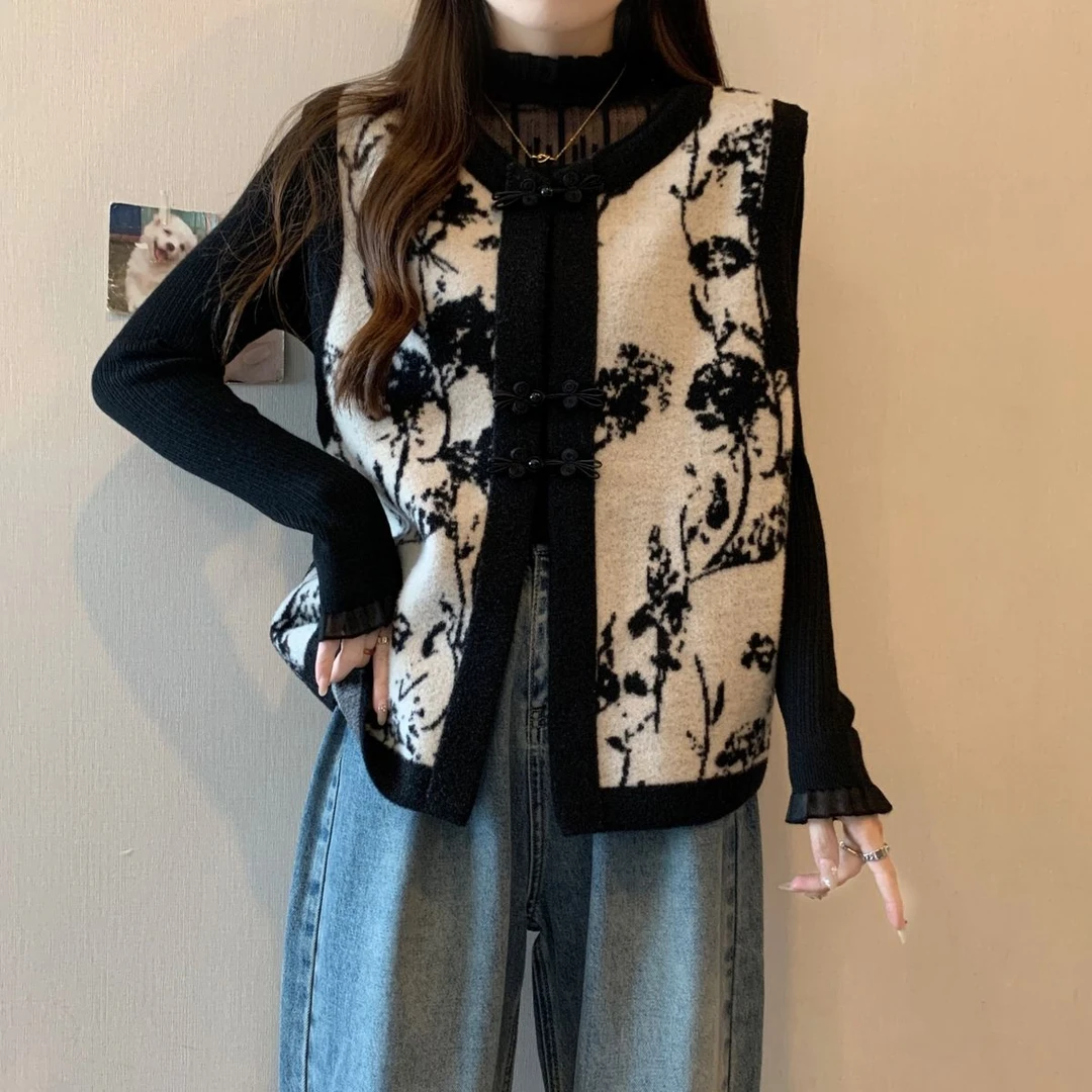 2025秋冬新款新中式国风盘扣提花毛衣马甲百搭显瘦遮肉打底衫套装