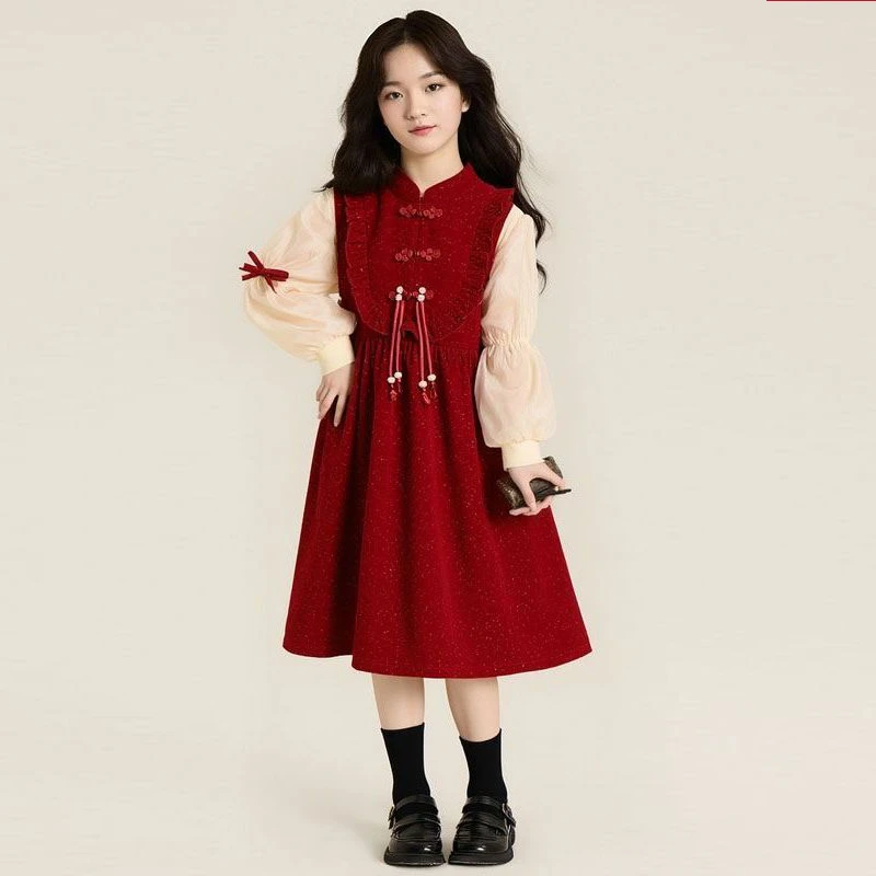 女孩红色新年款上衣连衣裙两件套装2026新款拜年服女童秋冬季童装