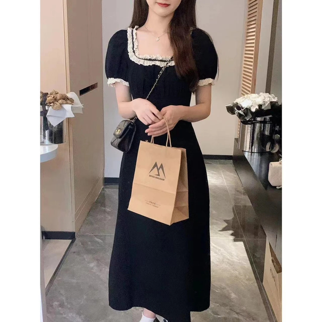 【年末青仓】安璃 法式复古蕾丝花边方领显瘦气质小黑裙连衣裙 2459