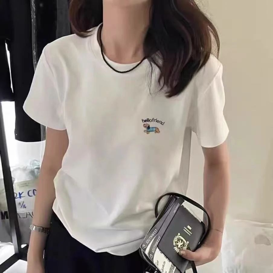 字母腊肠狗/夏季时尚百搭纯色圆领质感基础套头女士T恤短袖