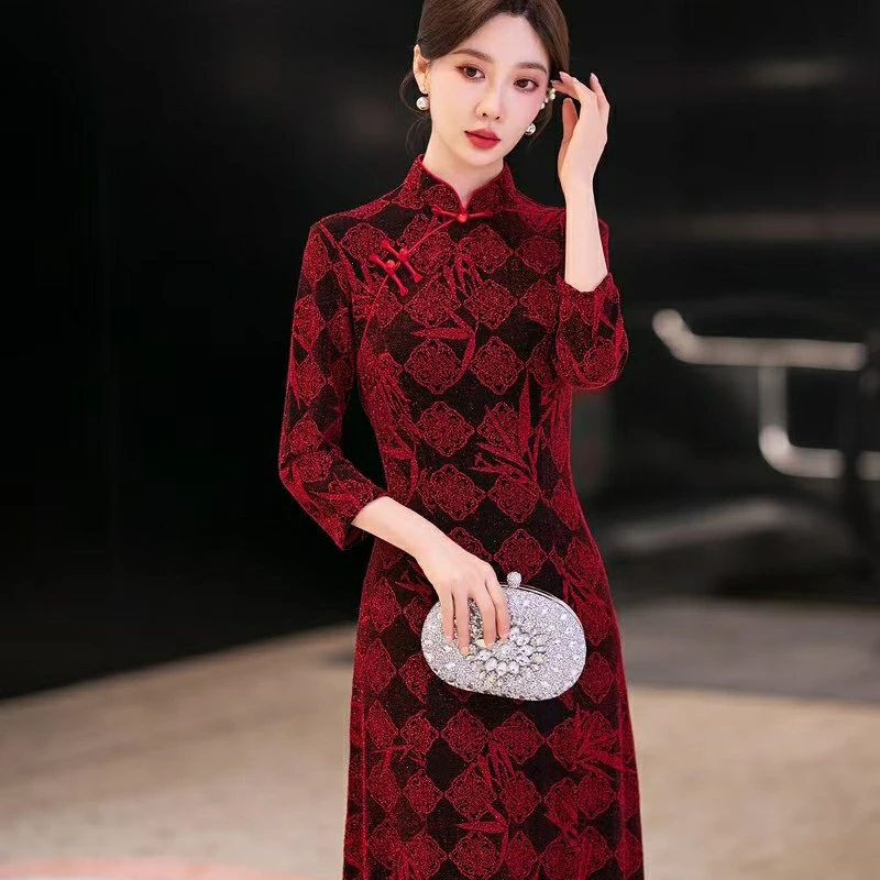 2025新款旗袍连衣裙A摆大码礼服中国风婚礼宴会妈妈装红色敬酒服