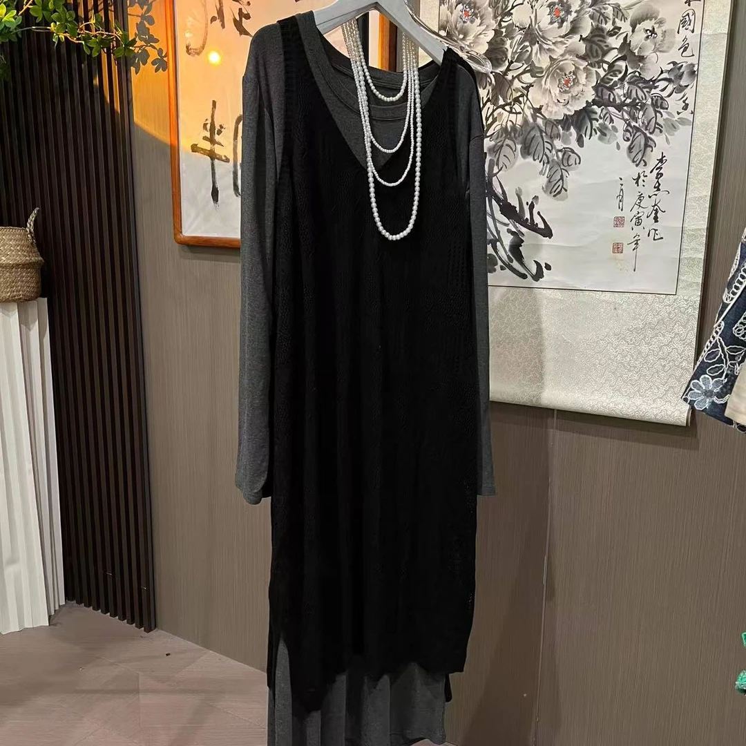 【甄胖·连衣裙】新中式大码女装针织两件套连衣裙