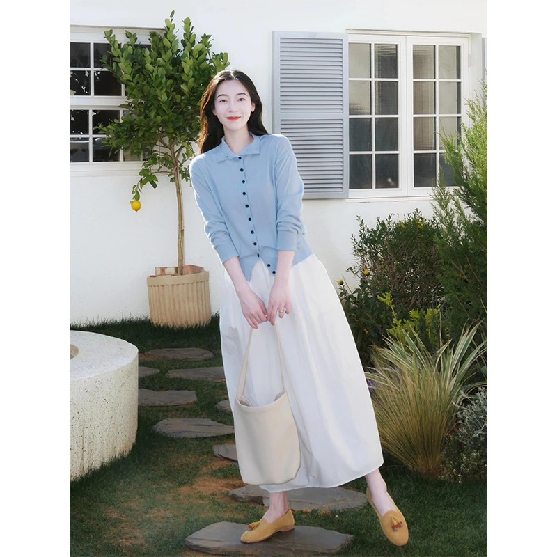 开衫半高领多扣长袖针织翻领毛衣外套裤裙高腰半身裙叠穿阔腿裤女